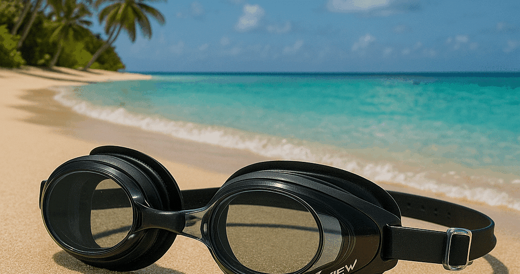 lunettes de natation corrigées à la vue sur une plage.