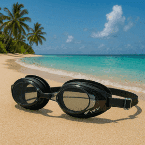 lunettes de natation corrigées à la vue sur une plage.