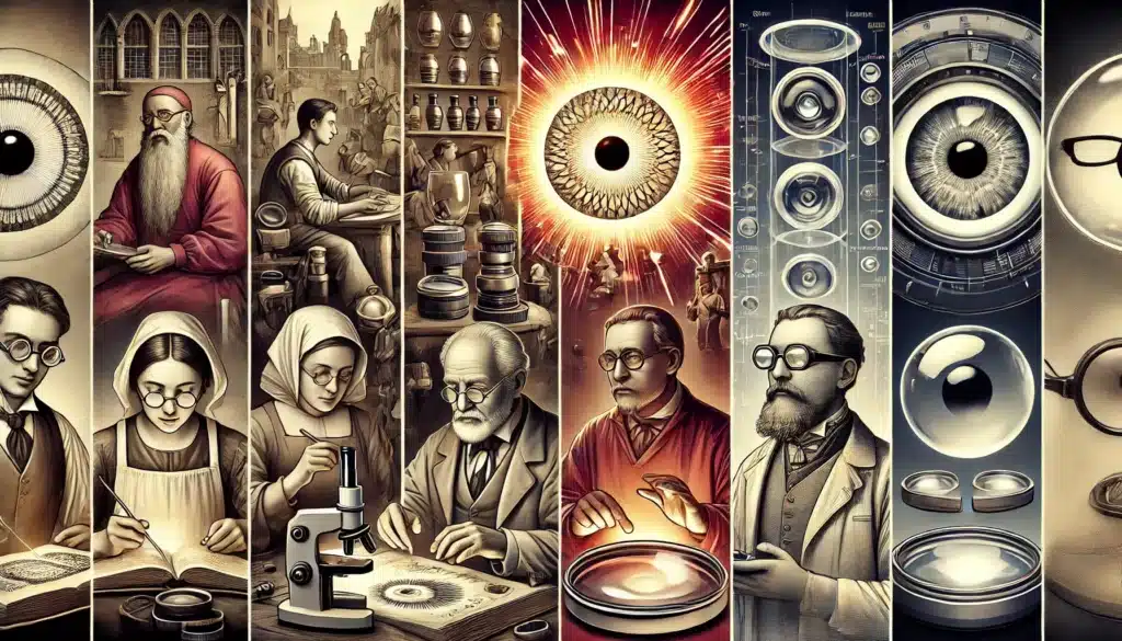 An artistic depiction of the history of optical lenses for glasses, showing various stages_ medieval artisans crafting lenses, Renaissance scientists