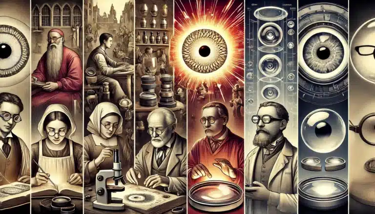 An artistic depiction of the history of optical lenses for glasses, showing various stages_ medieval artisans crafting lenses, Renaissance scientists