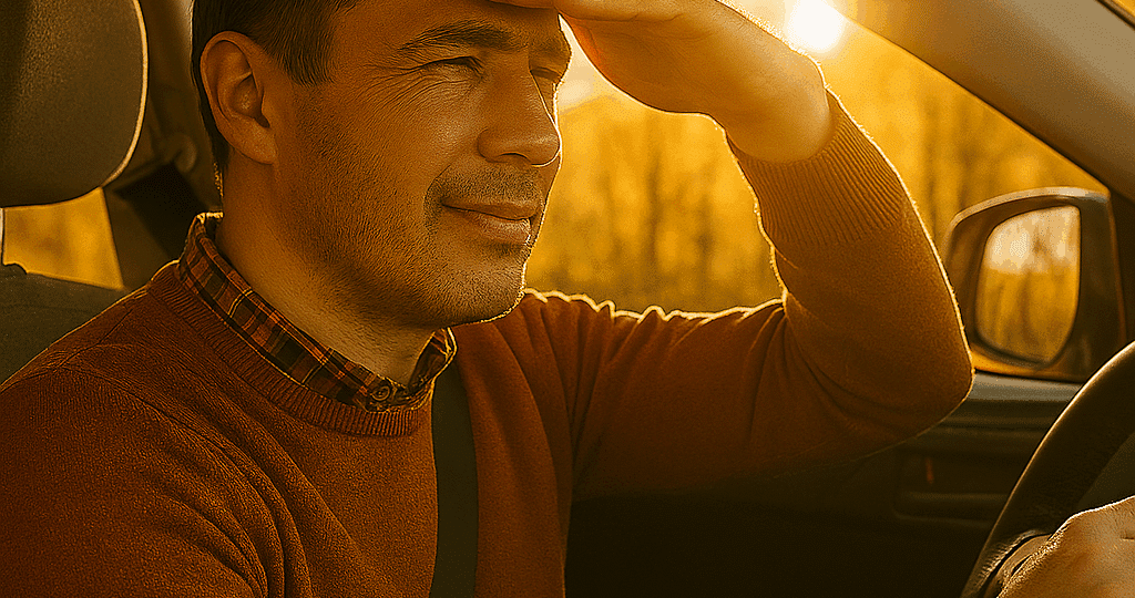 homme eblouis par le soleil au volant