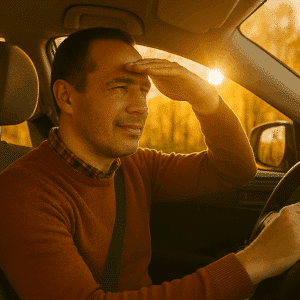 homme eblouis par le soleil au volant