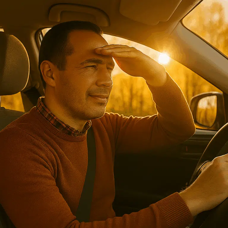 homme eblouis par le soleil au volant