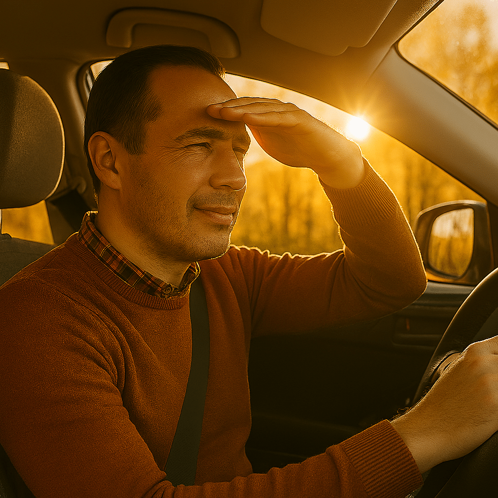 homme eblouis par le soleil au volant
