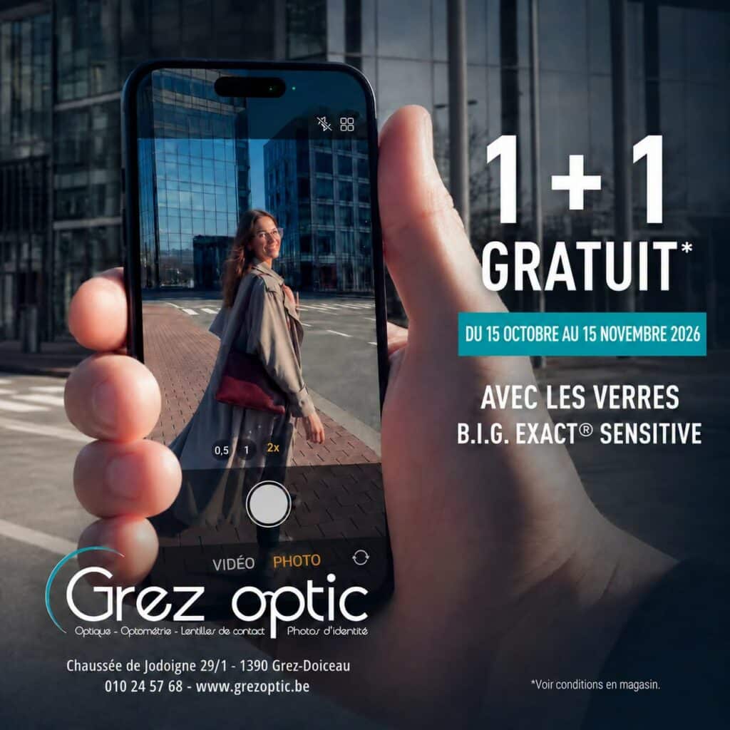 Promotion 1+1 Grez Optic du 15 octobre au 15 novembre 2026 : une paire de verres Rodenstock B.I.G. EXACT Sensitive achetée, une paire offerte, opticien à Grez-Doiceau