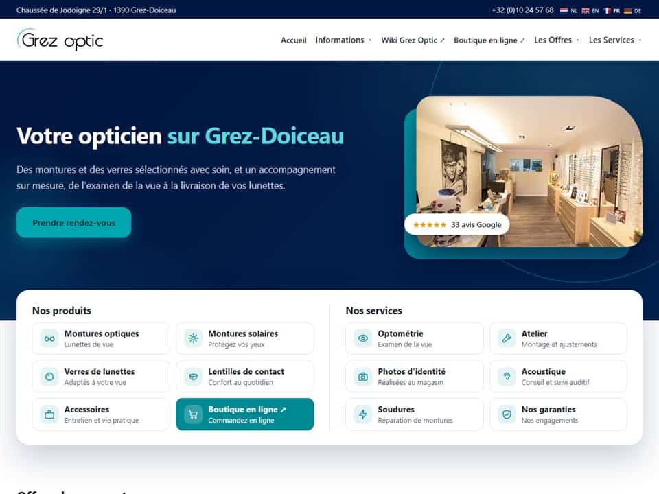 Page d’accueil du nouveau site grezoptic.be, votre opticien à Grez-Doiceau
