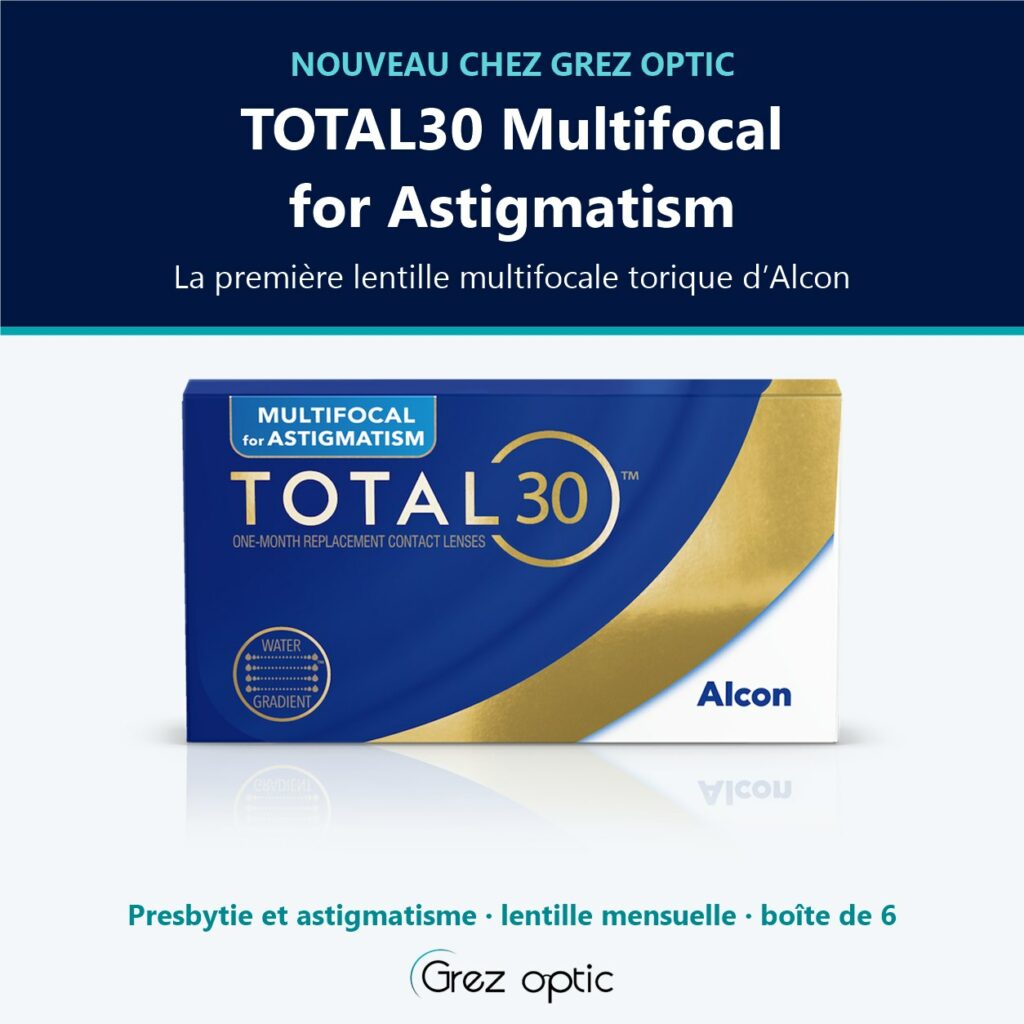 Boîte de lentilles TOTAL30 Multifocal for Astigmatism d’Alcon, nouvelle lentille multifocale torique mensuelle chez Grez Optic à Grez-Doiceau